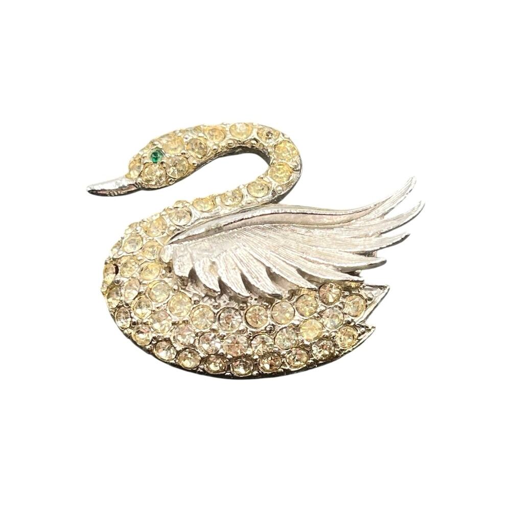 Kenneth Lane Signed Vintage Green Eye‎ Pave Swan Brooch
